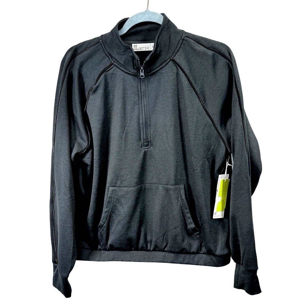 Fit Collective NEW Black Quarter Zip Pullover trimmed Sweatshirt Pocket sz L y2k